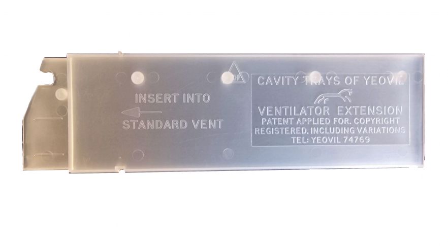 A silver-colored metal air duct labeled as a 'Ventilator Extension' designed to extend the vent reach for masonry skins.