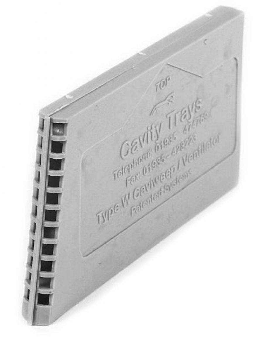 A translucent Type-W Vent, primarily gray in color, designed for providing airflow and water drainage within cavity walls.